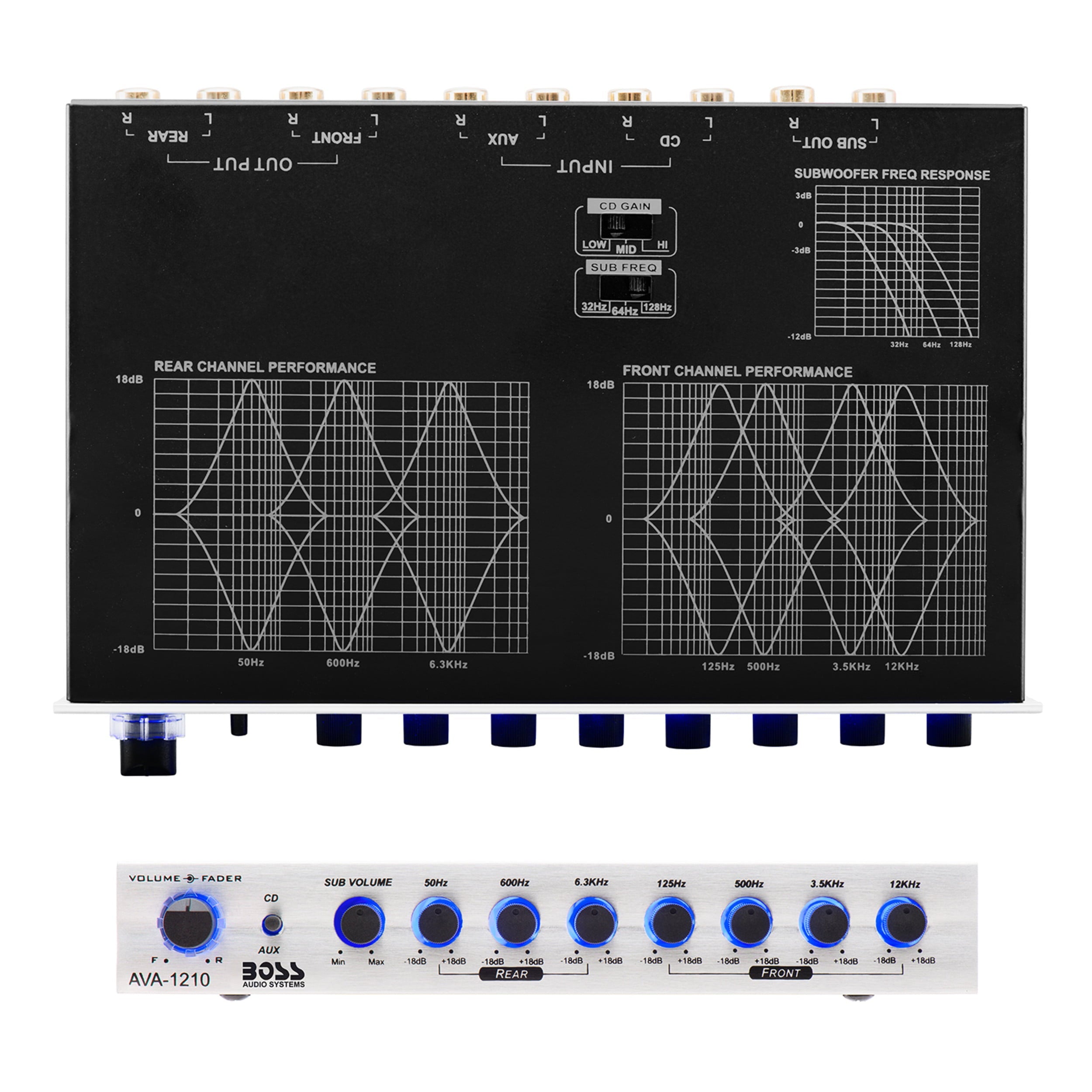 BOSS Audio Systems AVA1210 Car Audio Equalizer 7 Band Pre-Amp With Gold-Plated Front/Rear and Subwoofer Outputs, DPS Processor