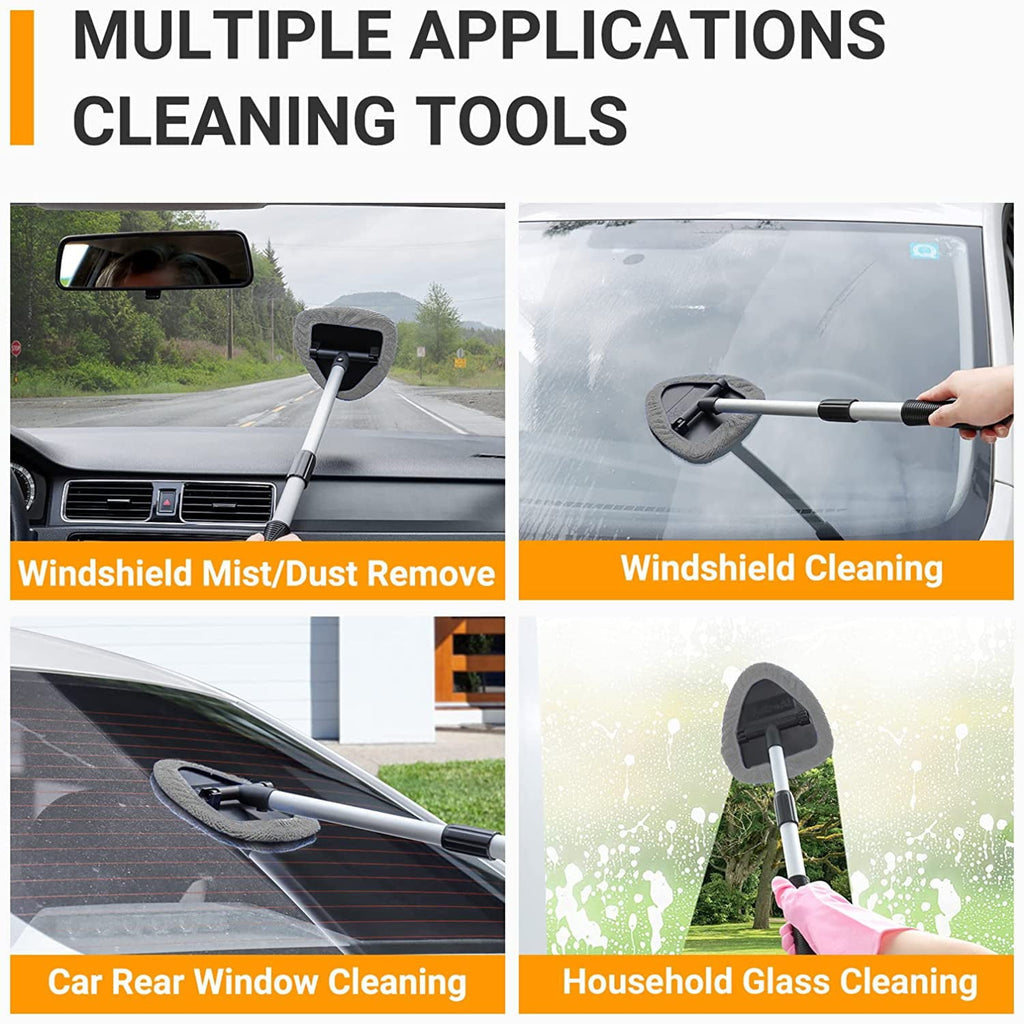 Anpro Car Windshield Cleaner, Microfiber Car Window Cleaning Tool with Extendable Handle and Washable Reusable Cloth Pad Head Auto Interior Exterior Glass Wiper Kits