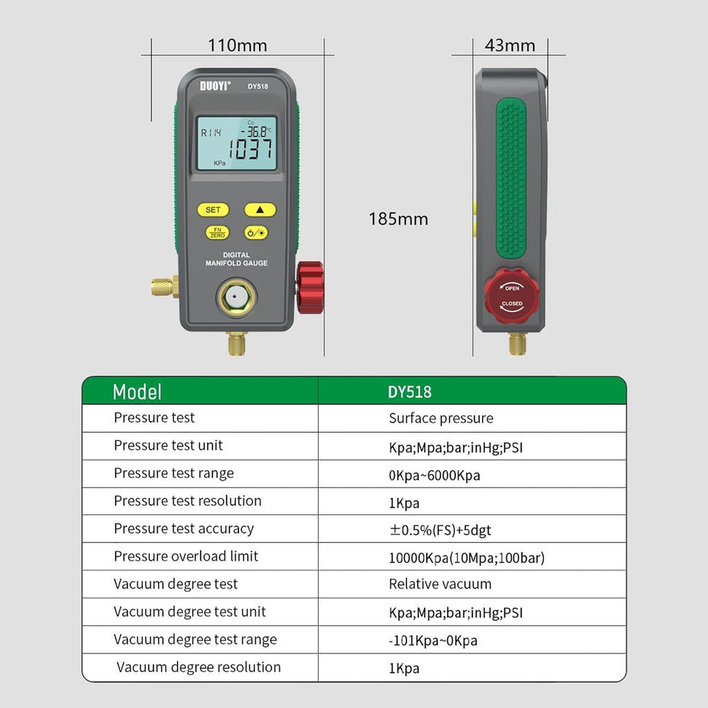 Refrigeration Digital Manifold Gauge, HVAC Vacuum Pressure Gauge, Air Conditioning Maintenance Diagnostic Tool, Freon Temperature Tester, R410a R134a Refrigerants Kit, DY518