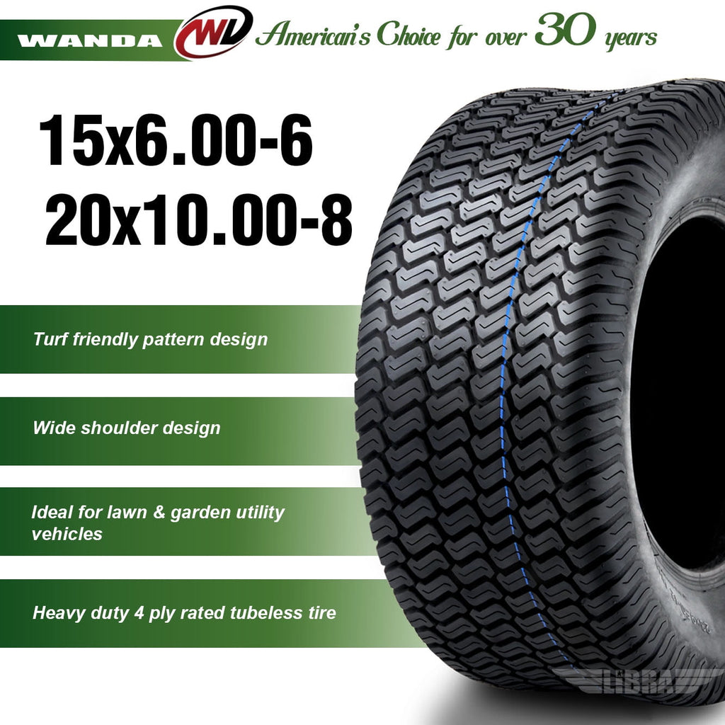 Set of 4 New Lawn Mower Turf Tires 15x6-6 Front & 20x10-8 Rear /4PR -13016-13040