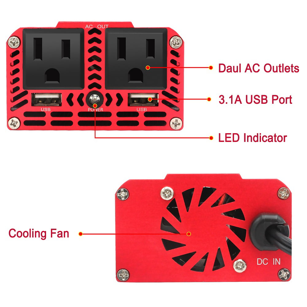 LVYUAN 300 Watts Power Inverter Converter Adapter DC 12V to AC 110V Car Charger 2USB