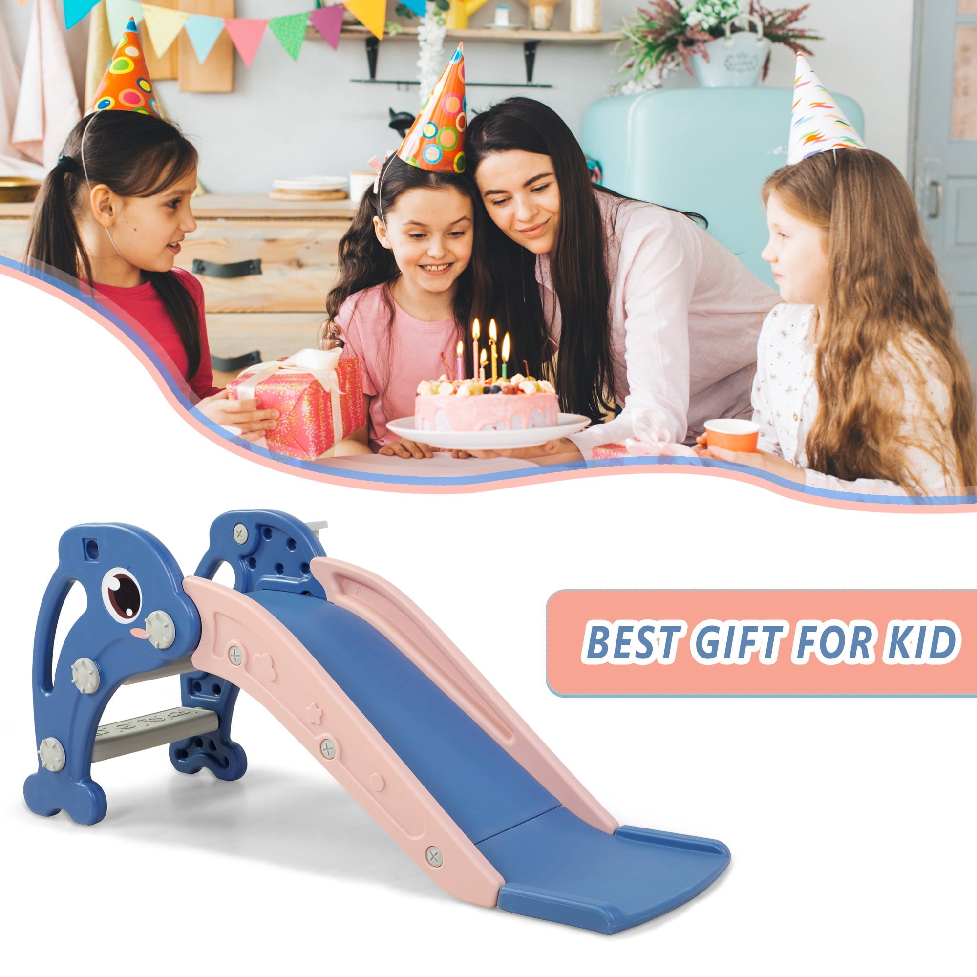 Joinfun 2 in 1 Slide,Toddler Freestanding Extra Long Slide with Basketball Hoop & Ball, Indoor Outdoor, Blue