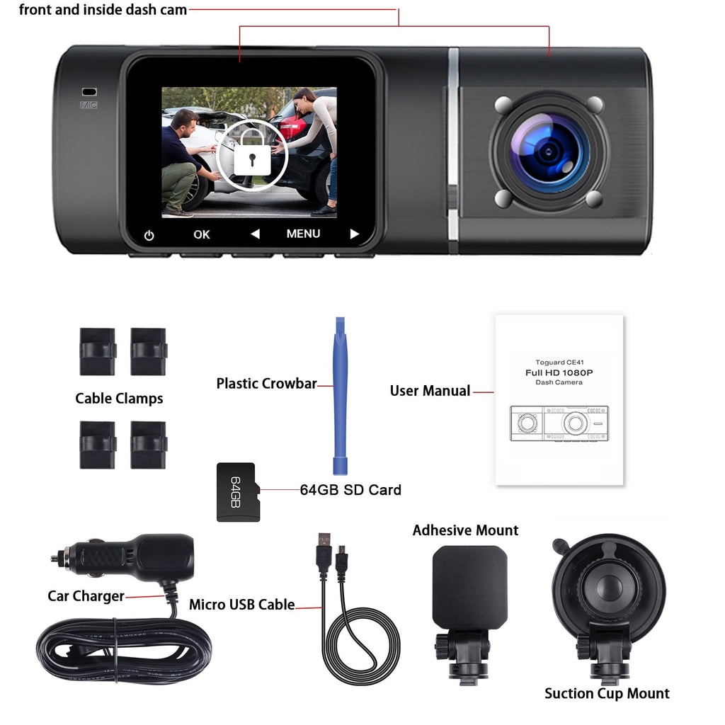TOGUARD Dual Dash Cam Front and Inside 1080P Dash Camera for Cars with 64GB SD Card IR Night Vision Car Camera for Taxi Accident Lock Parking Monitor 2 Mounting Options