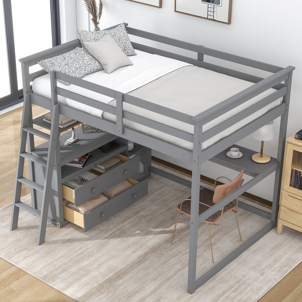 Euroco Full Size Wood Loft Bed with Desk, Shelves and Cabinets for Kids Room, Incline Ladder and 3 Drawers, Gray