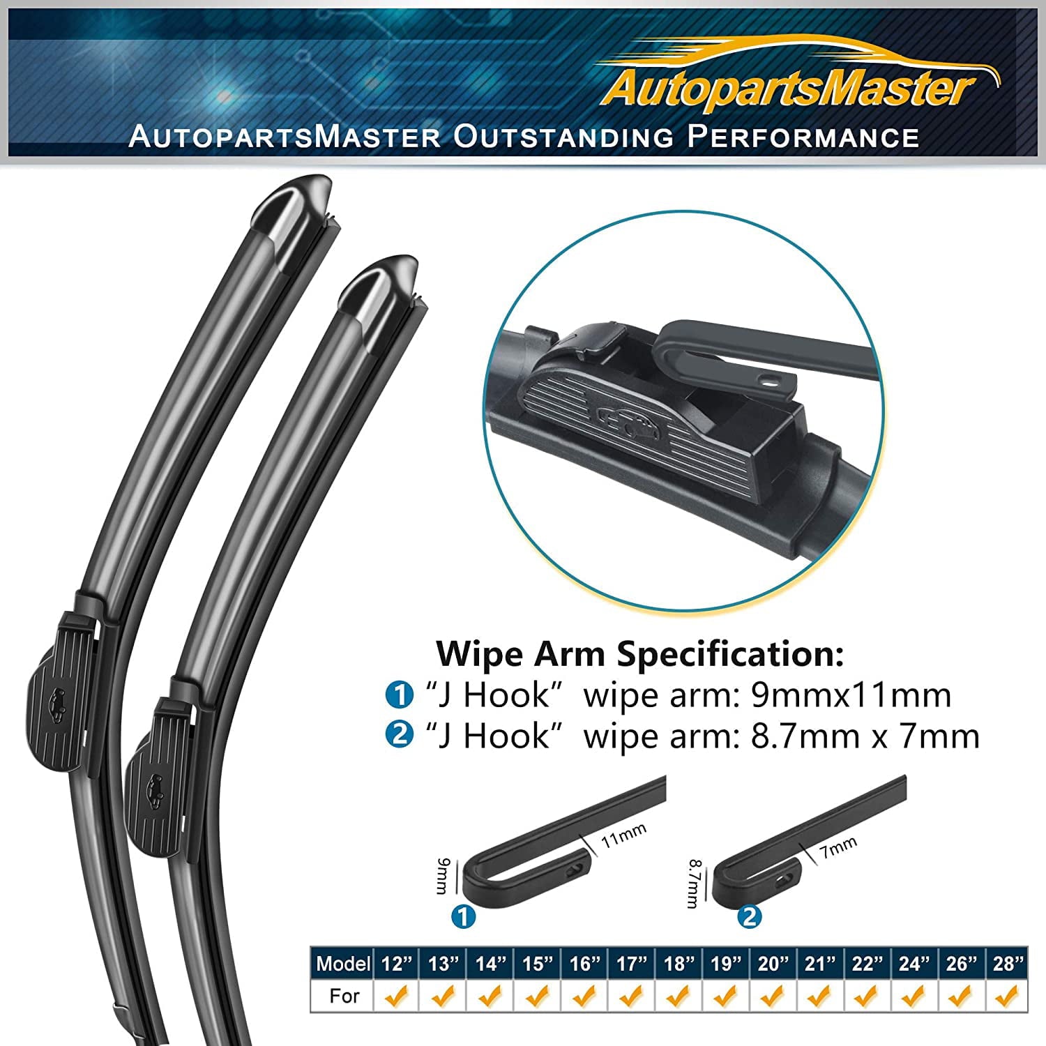 Feildoo Windshield wiper blades, 24" + 14" Bracketless Beam Wiper Car Front Window J U Hook Wiper Blade (set of 2)