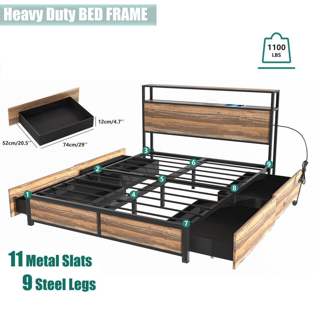 Queen Size Bed Frame with LED Lights Headboard & Storage Drawers - Metal Platform Bed with Power Outlet and USB Ports(Brown-Queen)