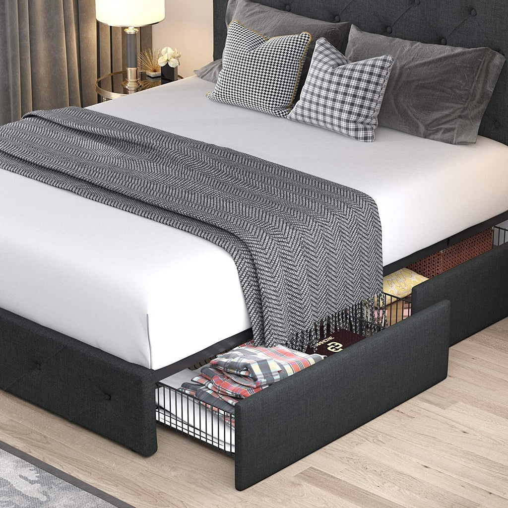Allewie Queen Platform Bed Frame with 4 Drawers Storage and Headboard, Diamond Stitched Button Tufted Upholstered Mattress Foundation with Wood Slat Support, Dark Grey
