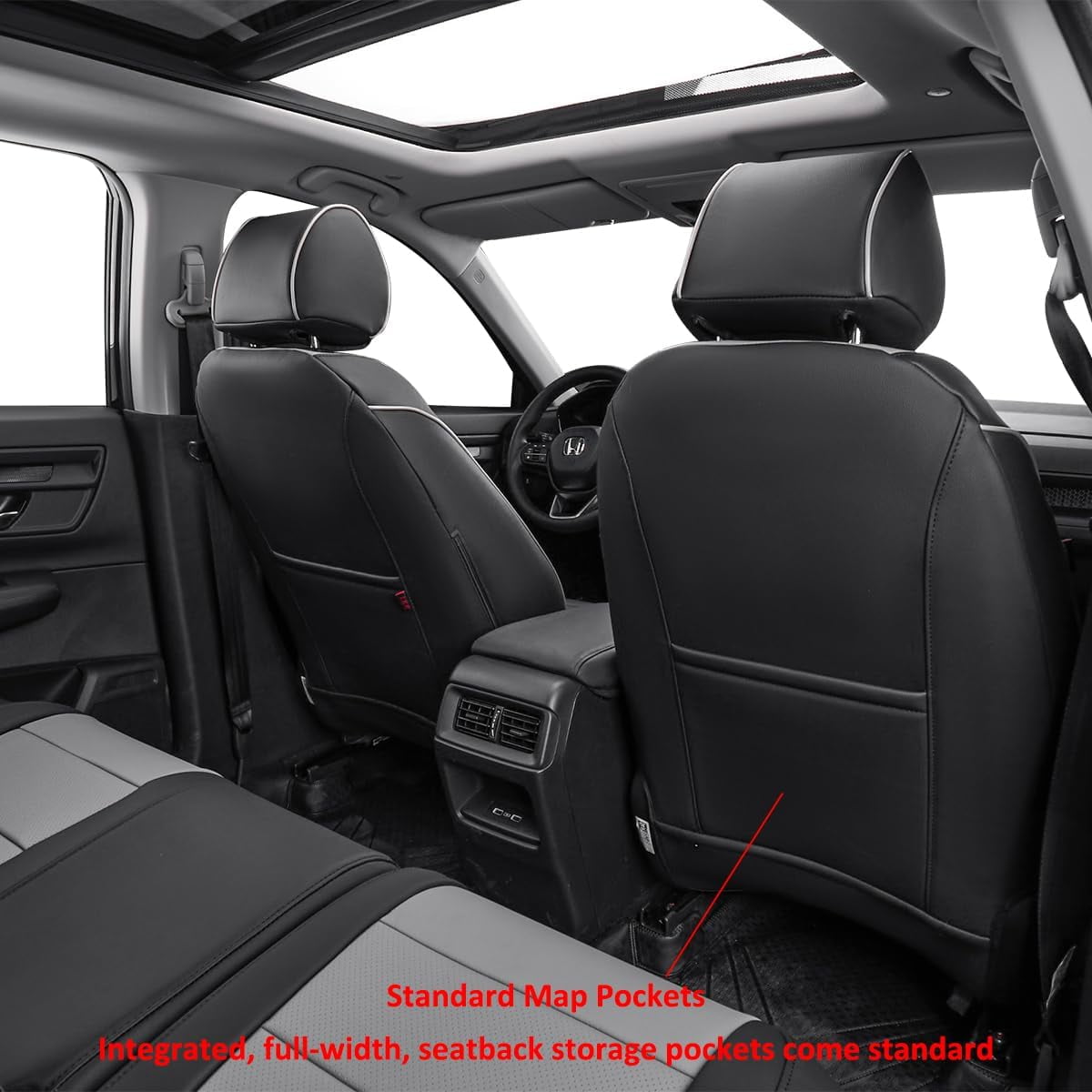 EKR Custom Fit CRV Seat Covers for Honda CRV EX,EXL,Hybrid 2023 2024 - Full Set Breathable Leather Auto Seat Covers(Black with Gray)