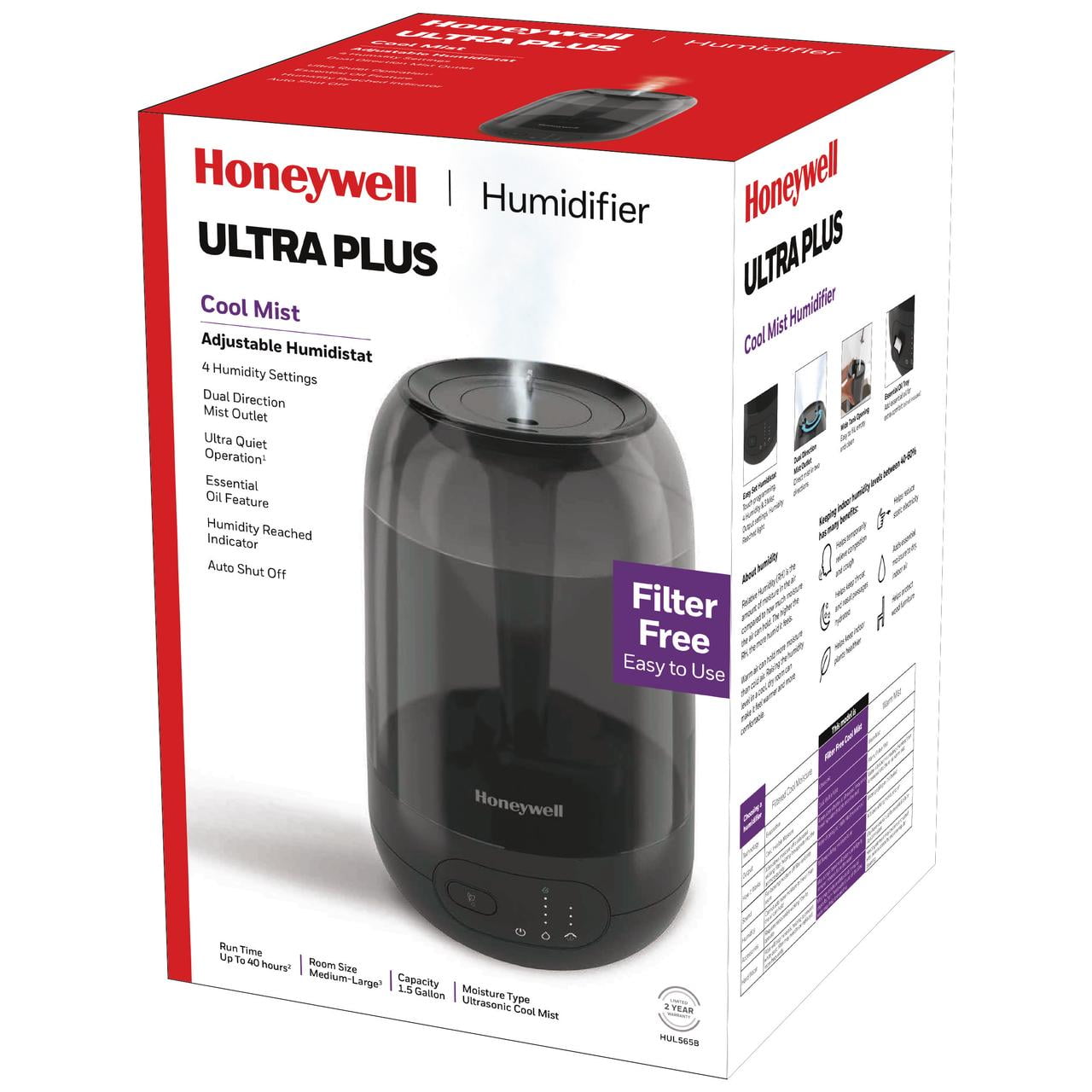 Honeywell Ultra Plus Cool Mist Humidifier for Large Rooms, 500 sq. ft, Black, HUL565B