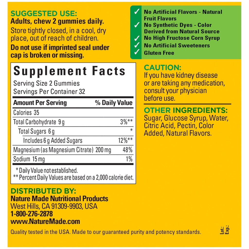 Nature Made High Absorption Magnesium Citrate 200 mg Per Serving Gummies, 64 Count