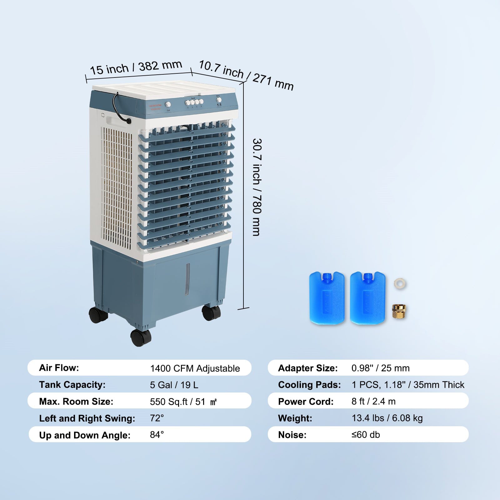 BENTISM Evaporative Cooler Swamp Cooler 3-in-1 1400 CFM 5 Gal Air Humidifier Home