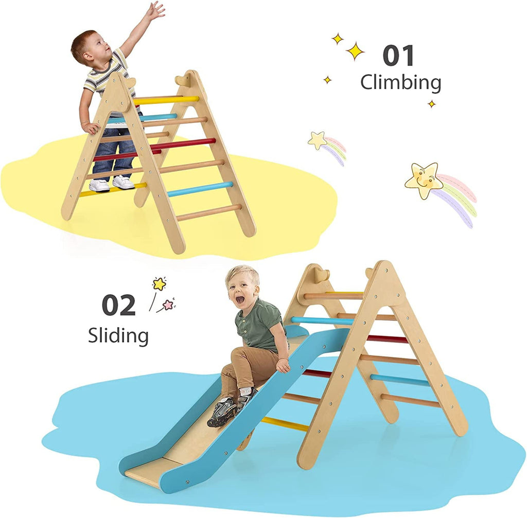 OLAKIDS Climbing Toys for Toddlers, 2 in 1 Montessori Kids Wood Triangle Climber with Ramp Ladder Slide for Gym Playground, Indoor Outdoor Climbing Toy Baby Play Structure Activity Set for Boys Girls
