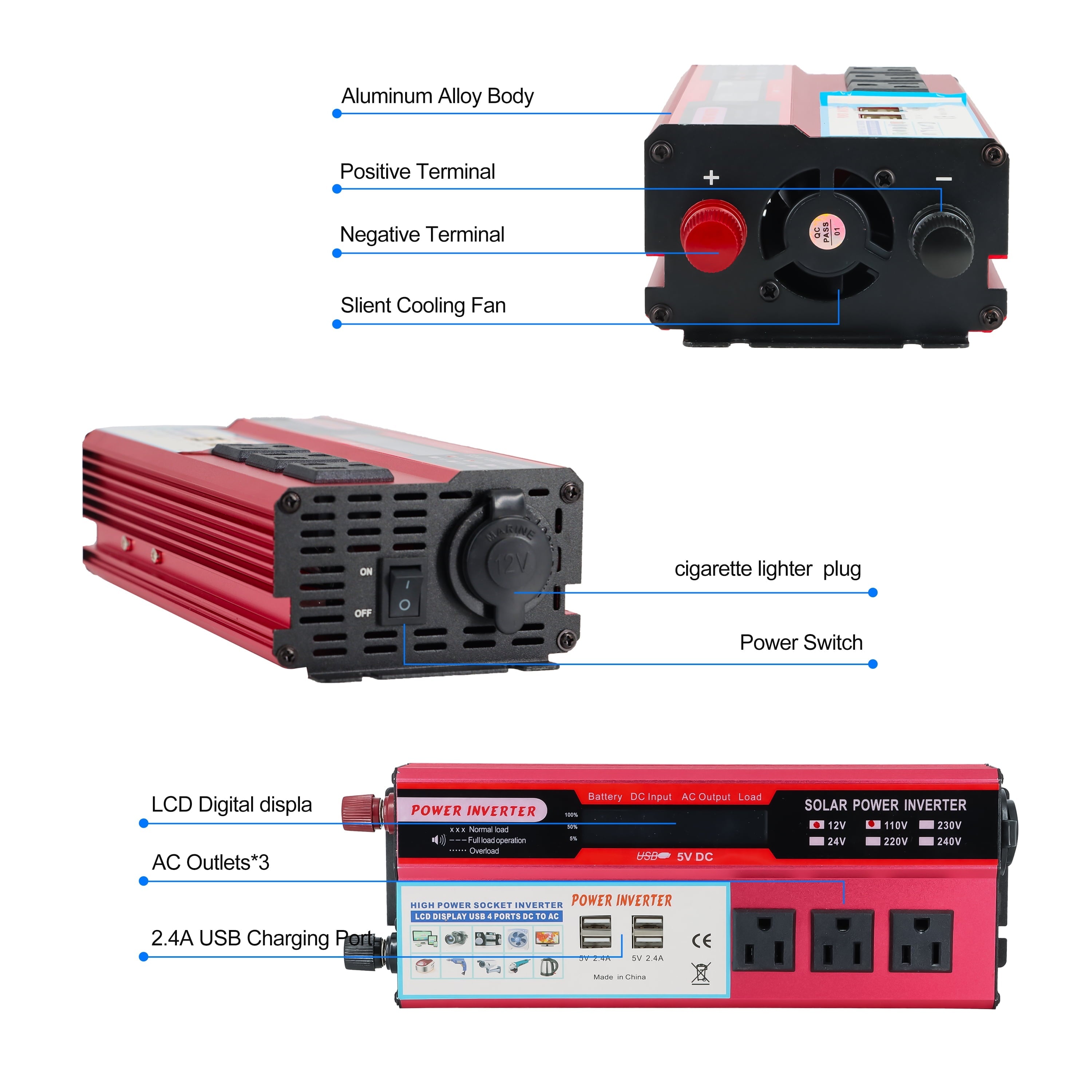 Yyton 2000W Car Power Inverter, Modified Sine Wave Inverter DC 12V to AC 110V 3 AC Converter with LCD Display, 4x2.4 A USB Ports Car Charger, 1 Cigarette Lighter Ports