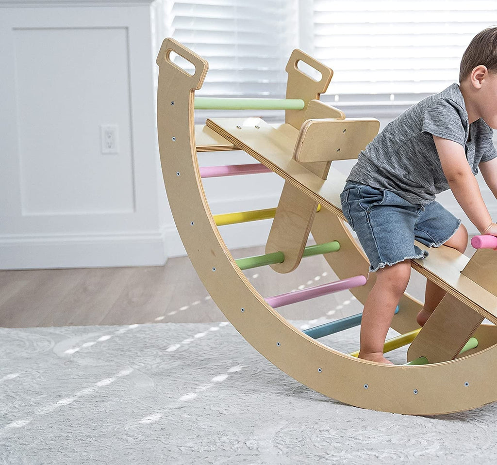 Avenlur BAILIS Seesaw Rocker Climber Arch with Handles and Built in Seat for Toddlers - Montessori Waldorf Style Wooden Colorful Rainbow Arch Climbing Play Structure for Kids (Colored Bars)