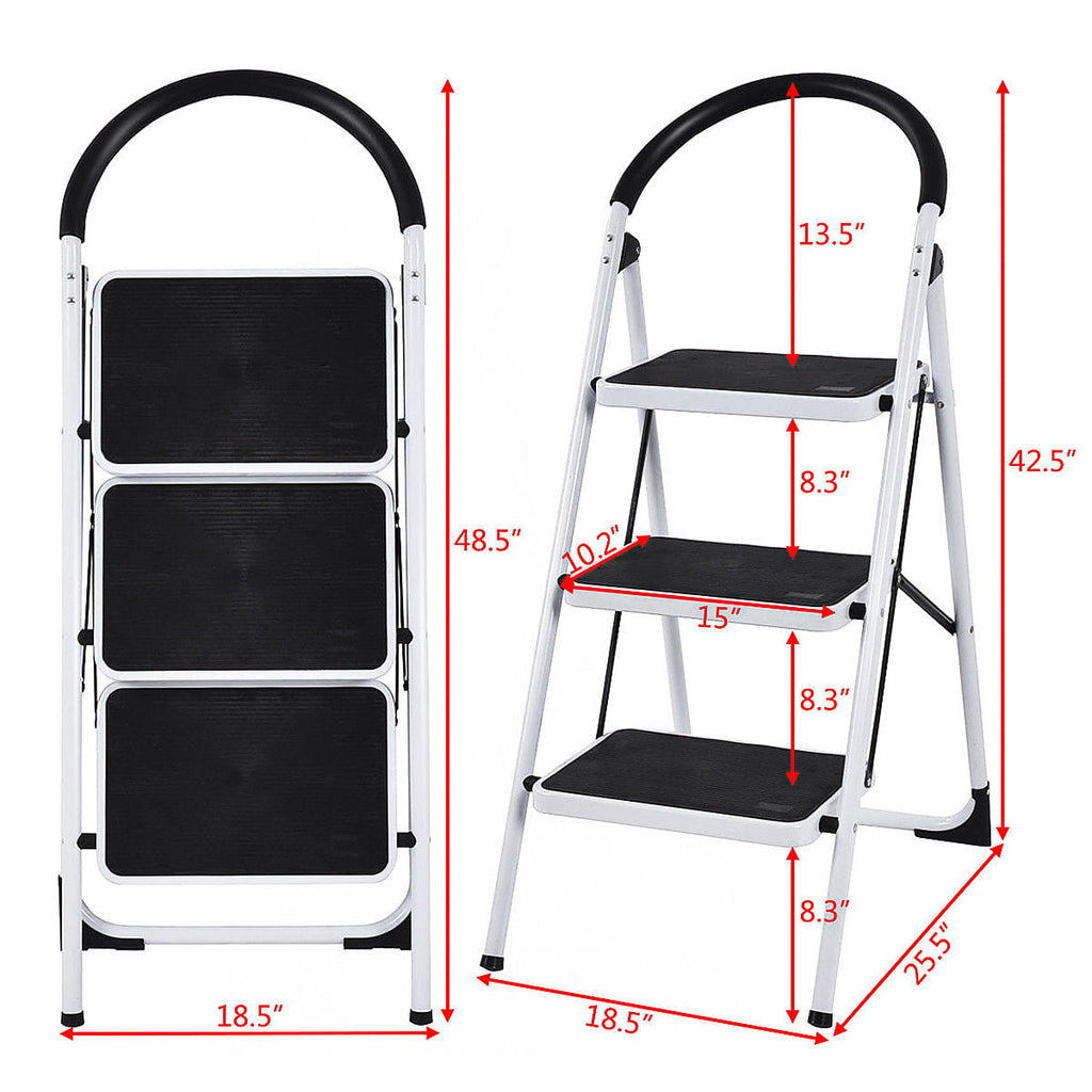 SUGIFT 3-Step Portable Folding Steel Ladder with Wide Platform Steps, 330lbs Capacity, White