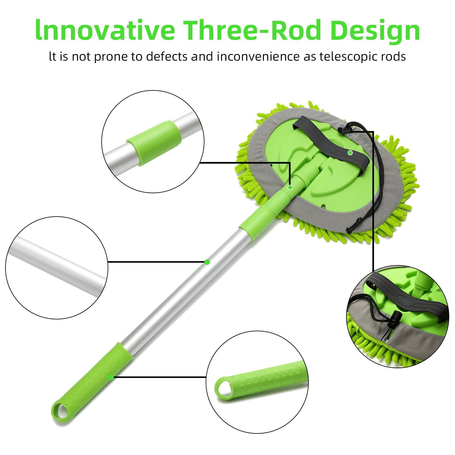 Carcarez Car Wash Brush Kit with 45" Aluminum Alloy Long Handle, 3 in 1 Car Cleaning Mop, Chenille Microfiber Mitt Set, Glass Scrubber Vehicle Cleaner Kit, Green