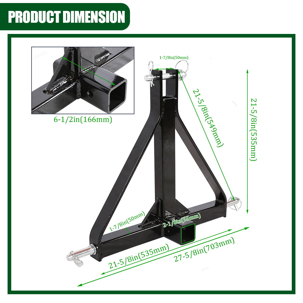 Kojem 3 Point 2" Receiver Trailer Hitch Category 1 Tractor Tow Draw Bar Adapter Pull Stabilizer for BX Kubota John Deere