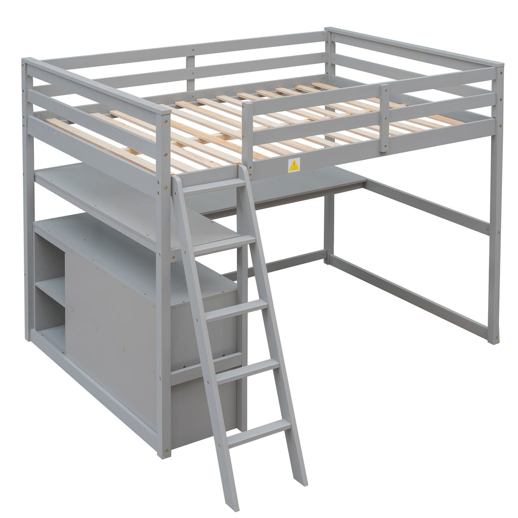 Euroco Full Size Wood Loft Bed with Desk, Shelves and Cabinets for Kids Room, Incline Ladder and 3 Drawers, Gray