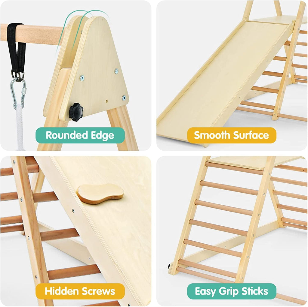 OLAKIDS Toddlers Triangle Climbing Set, 4 in 1 Foldable Kids Wood Montessori Climber Ladder with Ramp, Slide and Swing, Indoor Outdoor Playground Jungle Play Gym Structure for Boys Girls