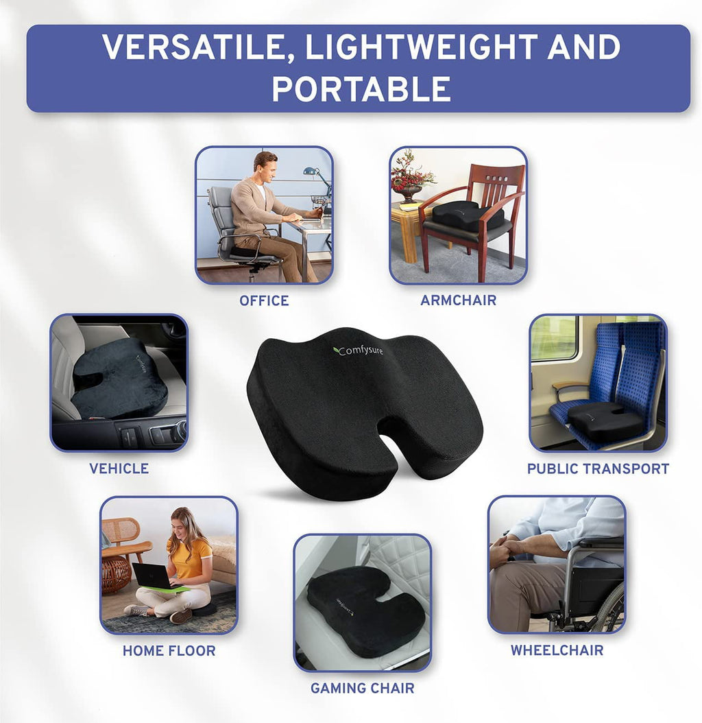 Memory Foam Seat Cushion with Removable Microfiber Cover - Coccyx, Tailbone, Sciatica, Lower Back Support and Pain Relief - Fits Most Office, Desk, Computer Chairs and Car Seats – by ComfySure