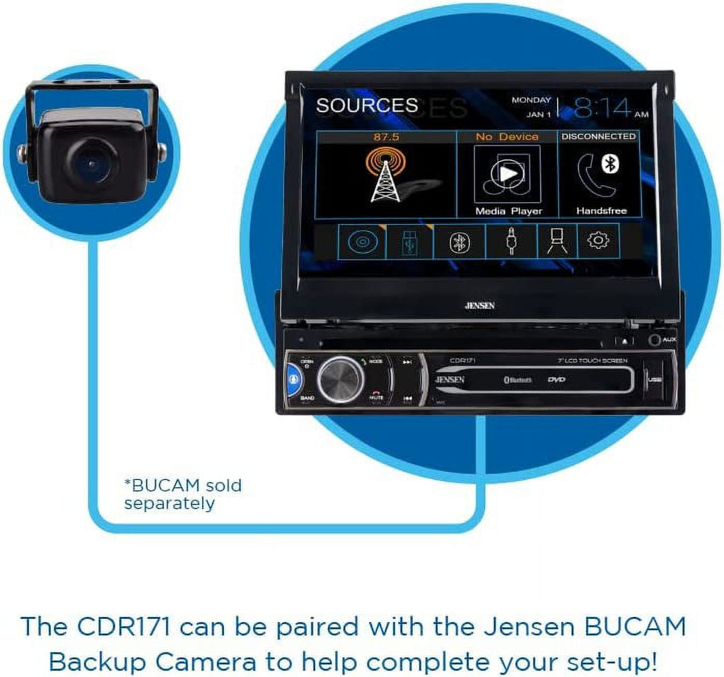 JENSEN CDR171 7 inch Single DIN Car Stereo Radio | AM/FM Motorized Flip Out LED Media Touch Screen