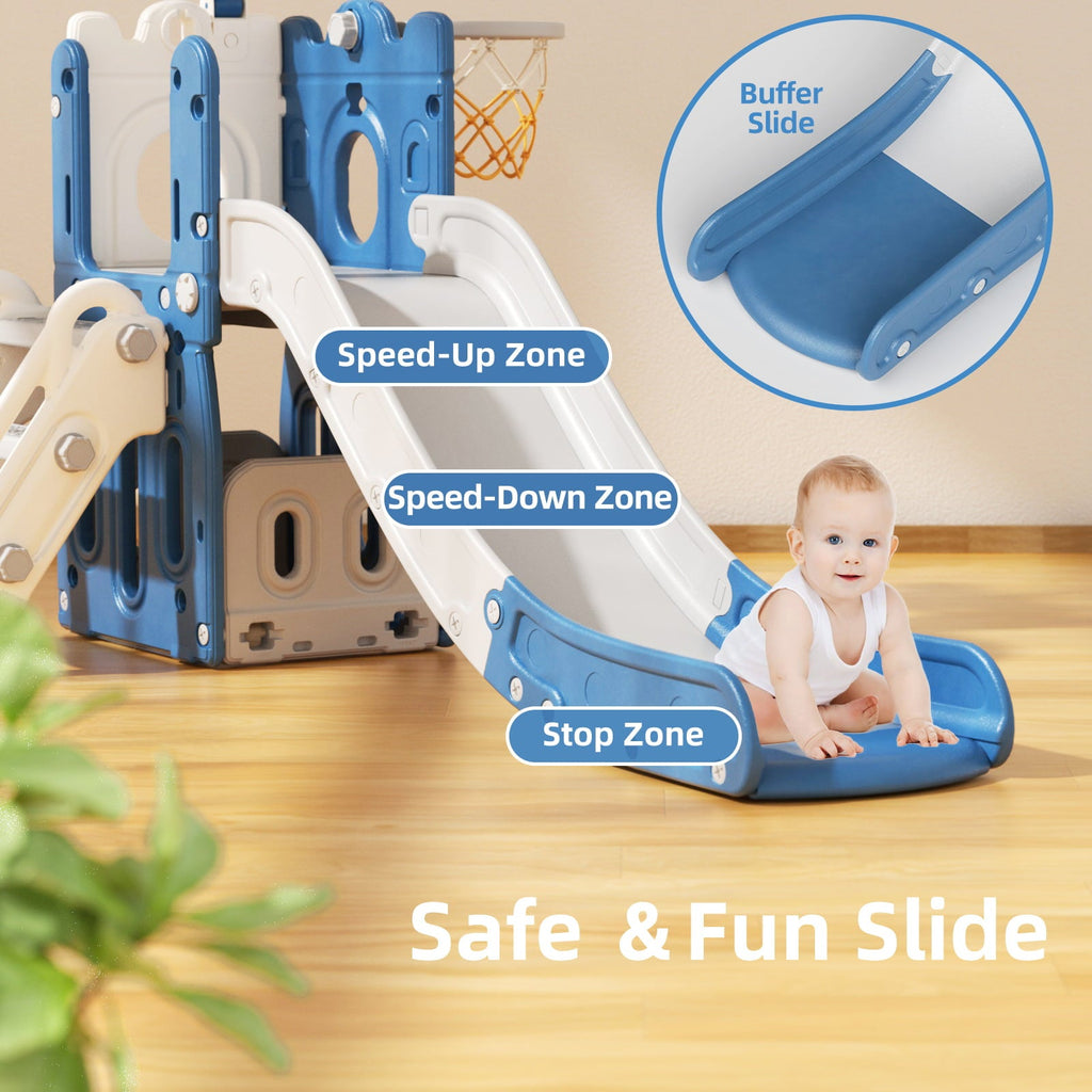 XJD Toddler Slide with Climber, 5-in-1 Kid Indoor Playground Freestanding Playset, Outdoor Slide Toddlers Climber and Slide Set with Basketball Hoop and Climber for Kids Age 1+, Blue