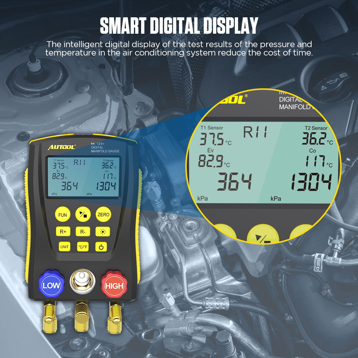 AUTOOL Air-Conditioning R134A Refrigerationt Digital Manifold Gauge Set, HVAC Vacuum Pressure Temperature Tester Kit, Support 89 Kinds Refrigerant HVAC Tools, AC Leak Detector Kit