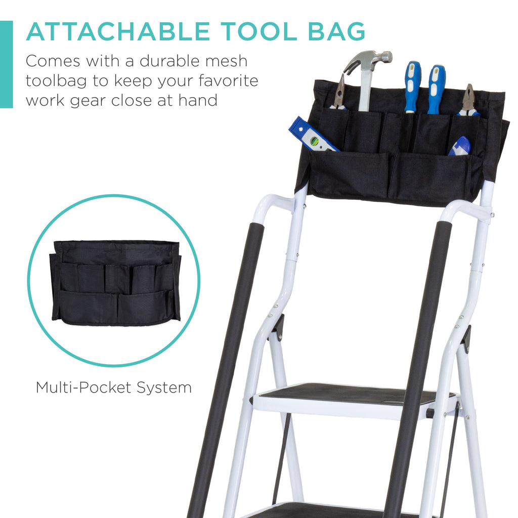 Best Choice Products 4-Step Portable Folding Anti-Slip Steel Ladder w/ Handrails, Attachable Tool Bag