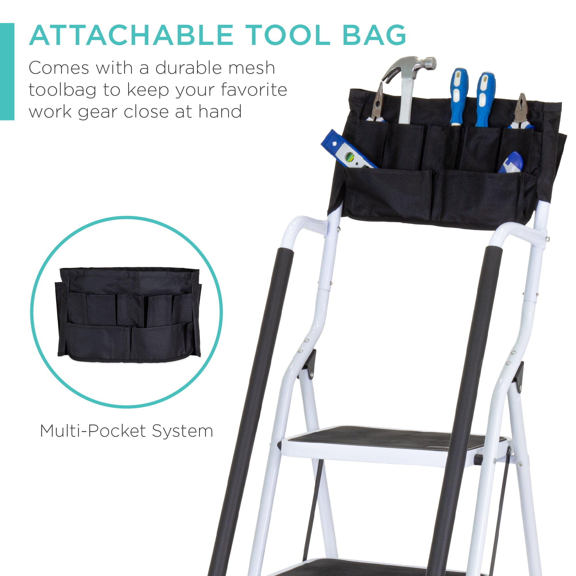 Best Choice Products 4-Step Portable Folding Anti-Slip Steel Ladder w/ Handrails, Attachable Tool Bag