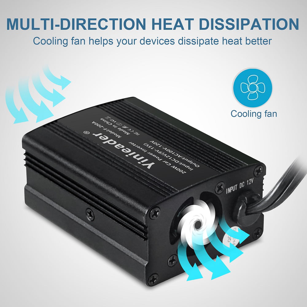 Yinleader 200 Watts Power Inverter Converter Adapter DC 12V to AC 110V Car Charger 2USB