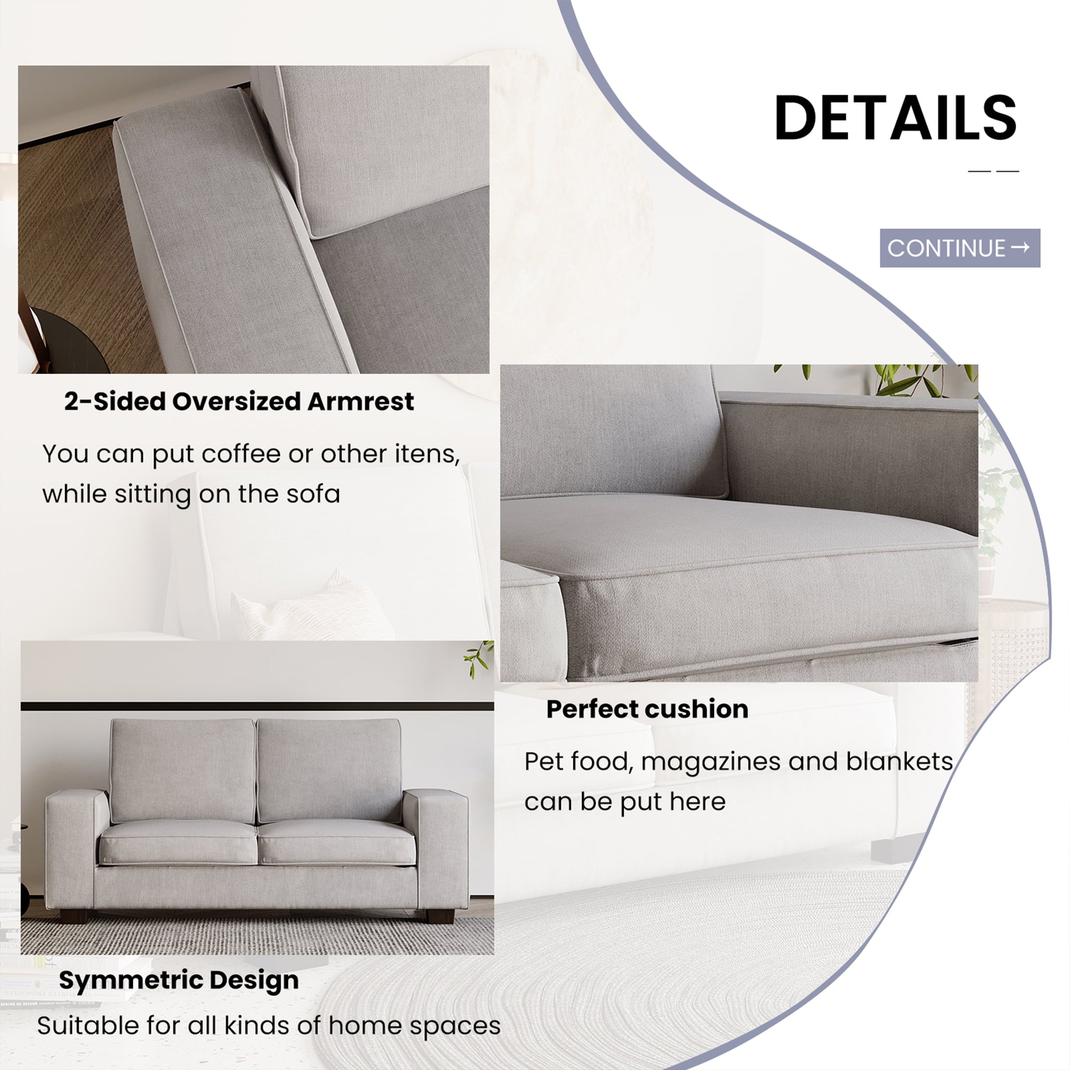 INGALIK 88.58" Modern Loveseat Sofa for Living Room, Chenille Sofa and Couch with Square Armrests, Removable Sofa Cushions and Detachable Sofa Cover, Easy to Install, 3 Seater, Light Grey