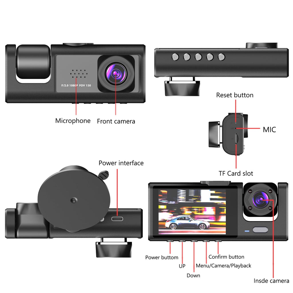 3 Channel Dash Cam Front and Rear Inside with 2" IPS Screen, 1080P Dashcam Three Way Triple Car Camera with IR Night Vision, Loop Recording, G-Sensor, Parking Monitor, 24 Hours Recording
