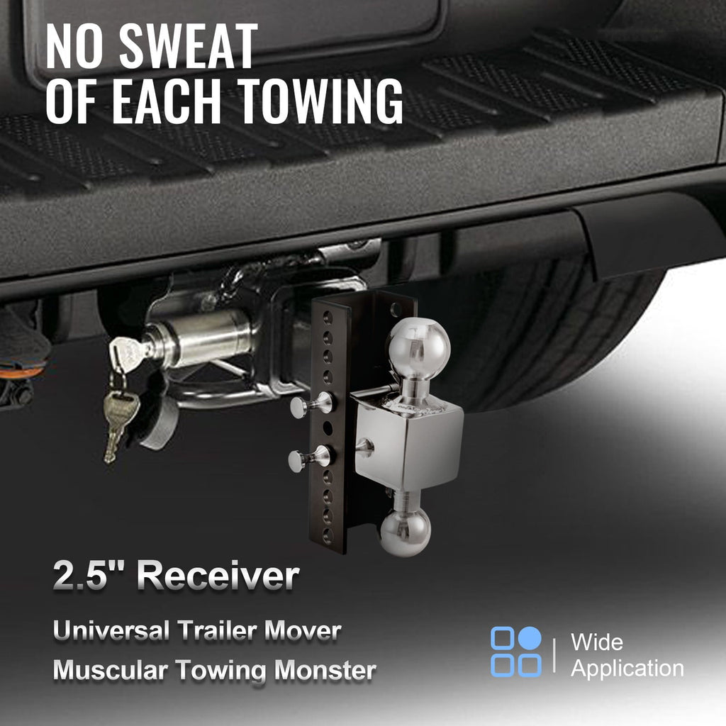 VEVOR Adjustable Trailer Hitch, 8" Rise & Drop Hitch Ball Mount 2.5" Receiver Solid Tube 22,000 lbs Rating, 2 and 2-5/16 inch Stainless Steel Balls w/ Key Lock, for Automotive Trucks Trailers Towing