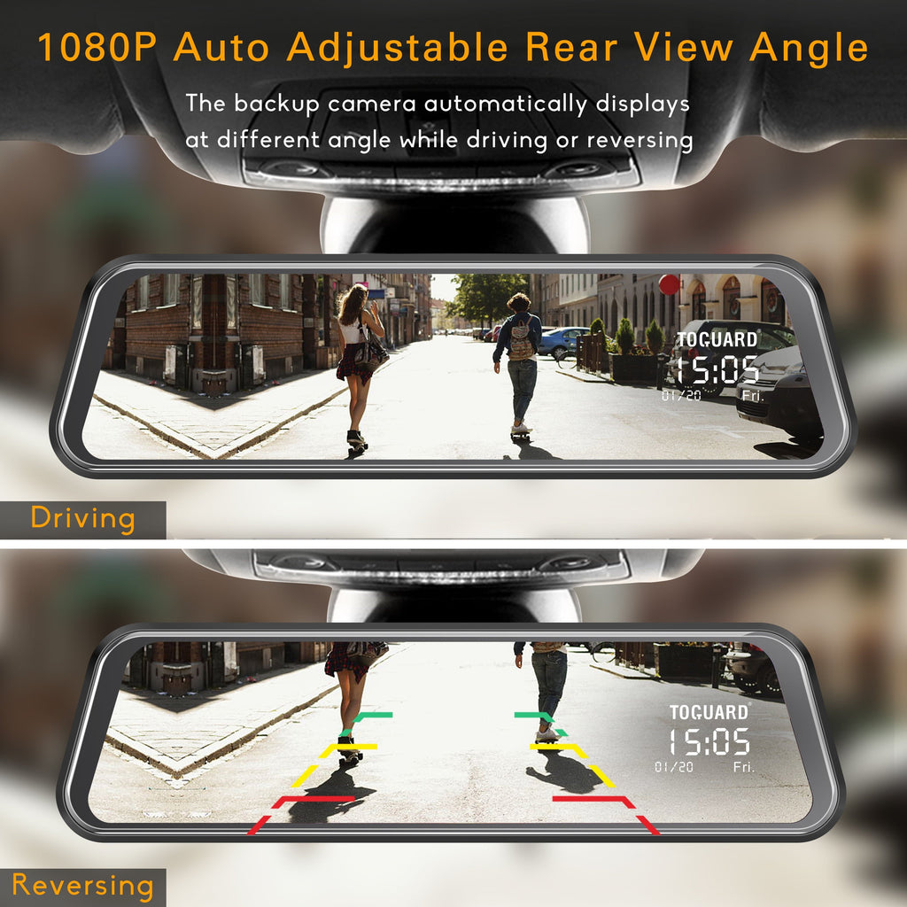 TOGUARD 1080P Mirror Dash Cam for Cars with 10-inch IPS Full Touch Screen Waterproof Backup Camera Rear View Mirror Camera