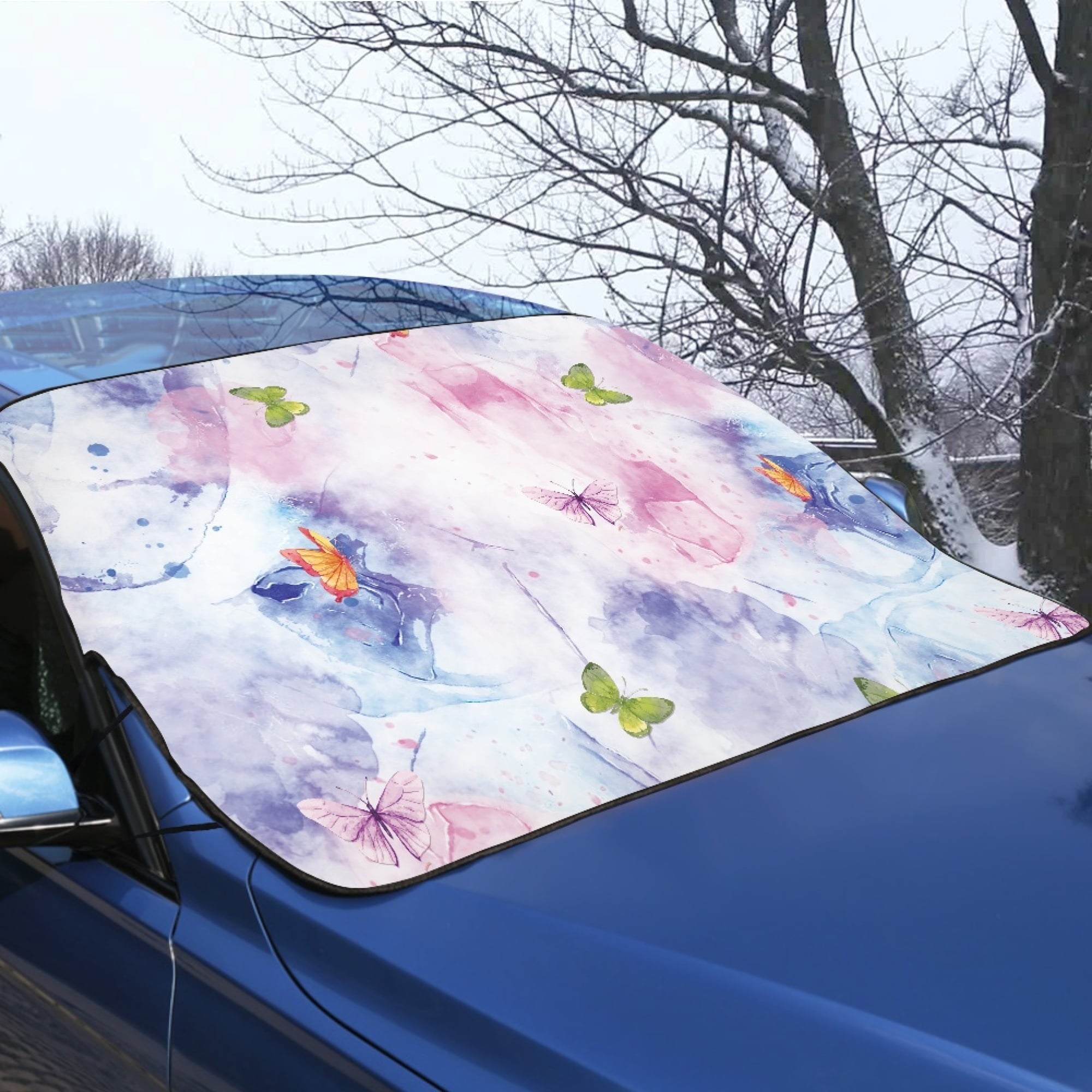 JINMUZAO Butterfly Car Windshield Snow Cover,Winter Frost Windshield Snow Ice Removal Cover/Protector,Waterproof Windproof Sunshade Snow Cover Fits Most Cars,Trucks,Vans,SUVs