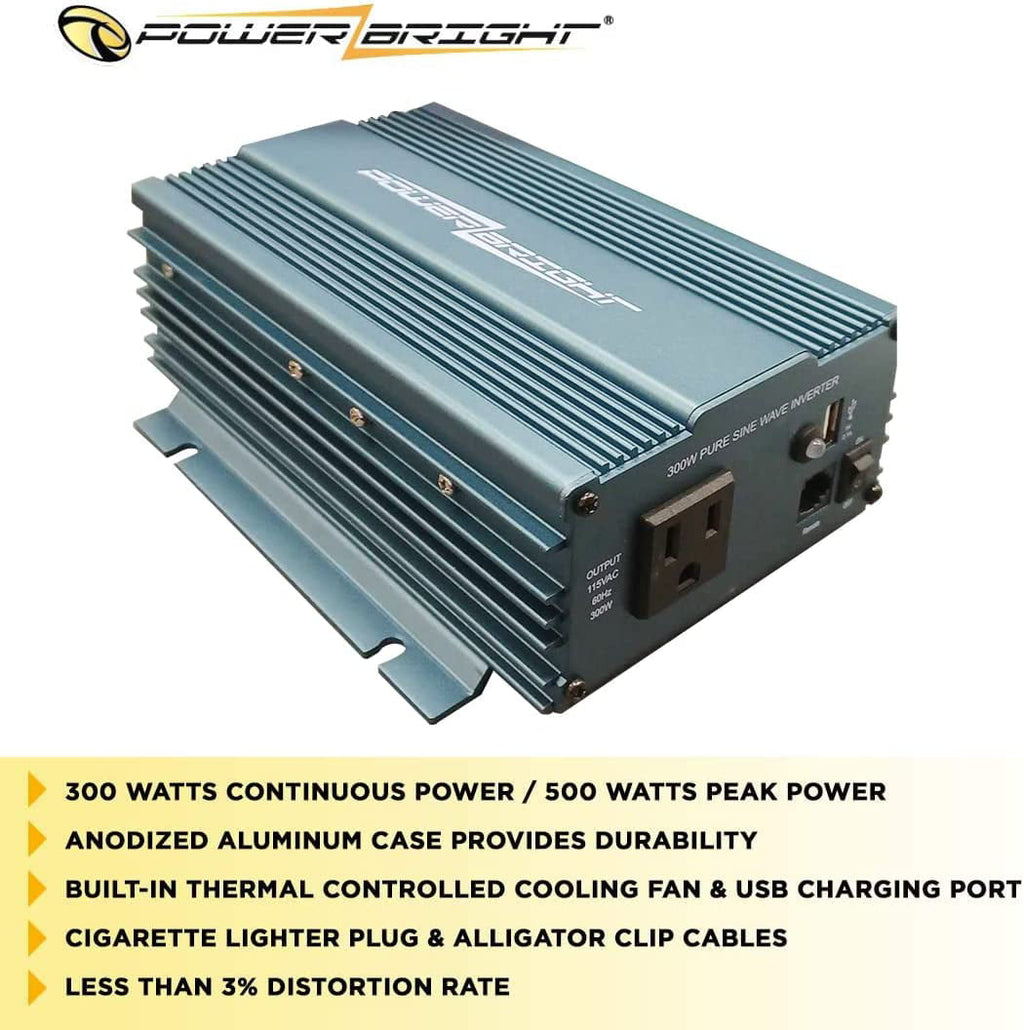 Power Bright APS300U-12 Pure Sine Power Inverter 300 Watt continuous / 500 watt Peak 12 Volt DC To 120 Volt AC w/ USB Charging Port