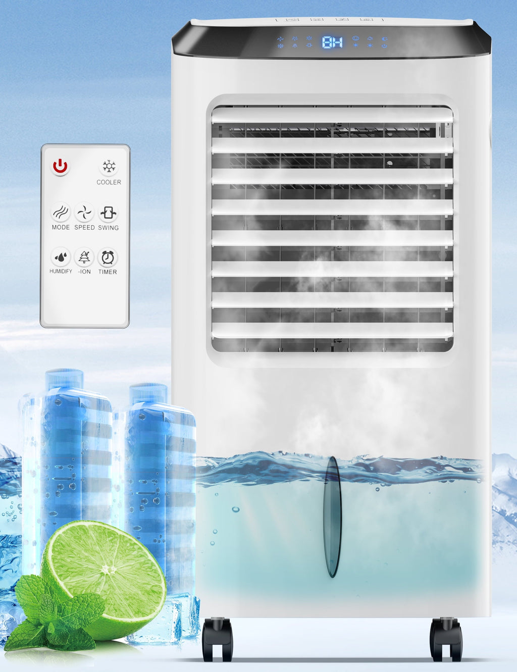 4-in-1 Evaporative Air Cooler, Portable Air Cooling Fan with Negative Ion, Swamp Cooler with Remote, LED Display, Quite, Casters for Home, Office