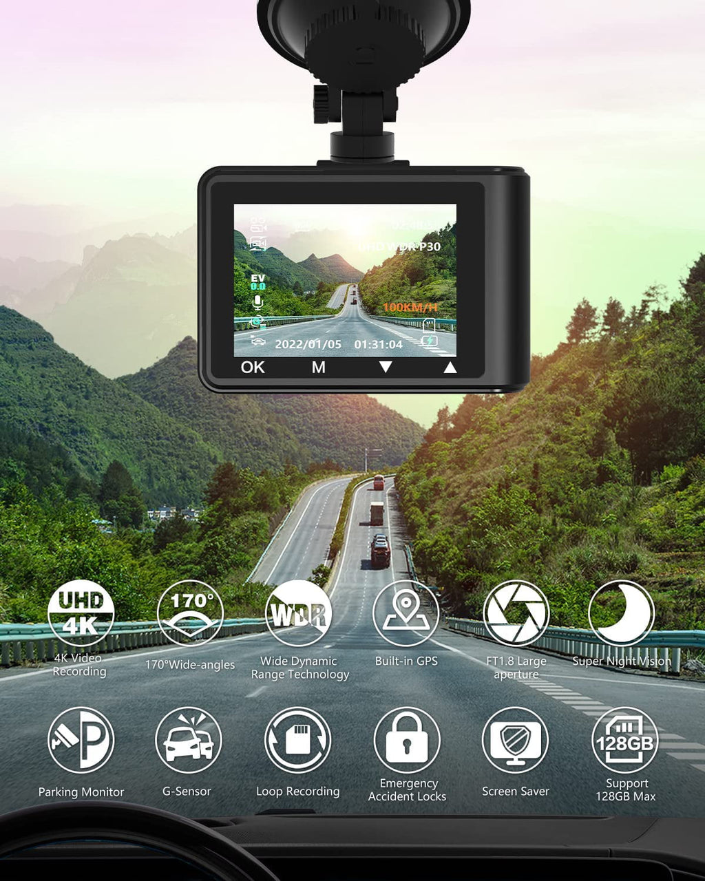 AQV Front 4K Dash Cam, Car Camera Front 4k Built-in GPS, SNOY IMX335 Sensor, Parking Monitor, Super Night Vision, WDR ,G-Sensor, Motion Detector ,Loop Recording ,32GB Card and Card Reader Included