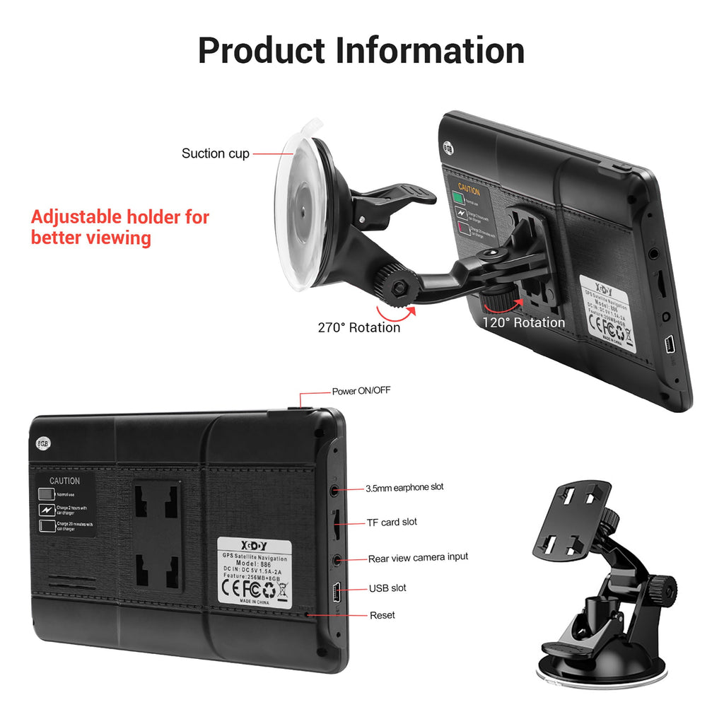 XGODY GPS Navigation Backup Camera 7"Touch Screen 8G 256M Car GPS Navigator with Bluetooth Parking Lane,Voice Guidance,Speed Camera Warning,Route Planning