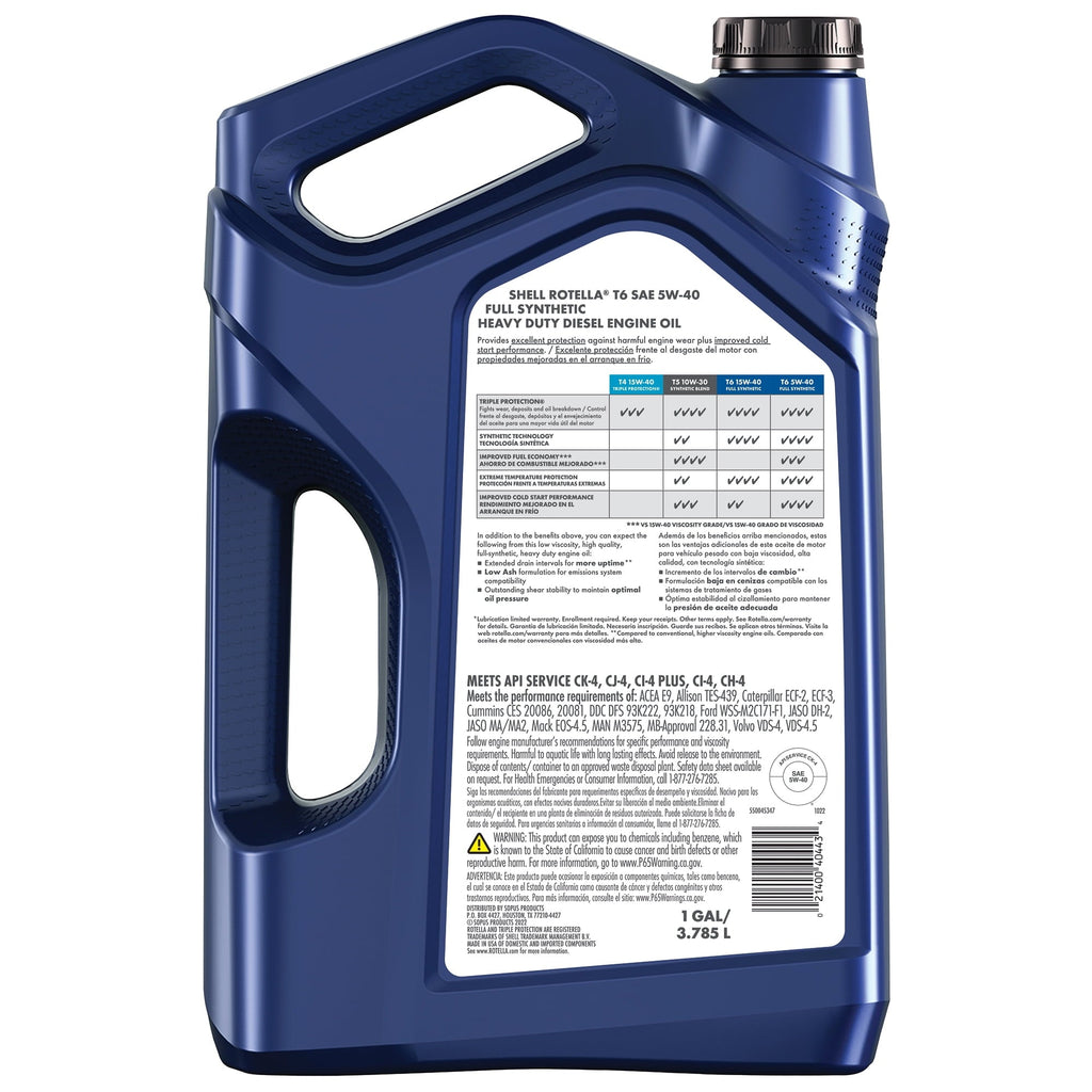 Shell Rotella T6 Full Synthetic 5W-40 Diesel Engine Oil, 1 Gallon