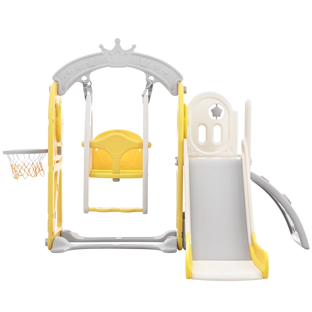 GERI 5 in 1 Toddler Slide, Climber Slide for Toddlers Age 1-5, Outdoor Indoor Playset for Toddlers with Basketball Hoo, Storage Space, Yellow