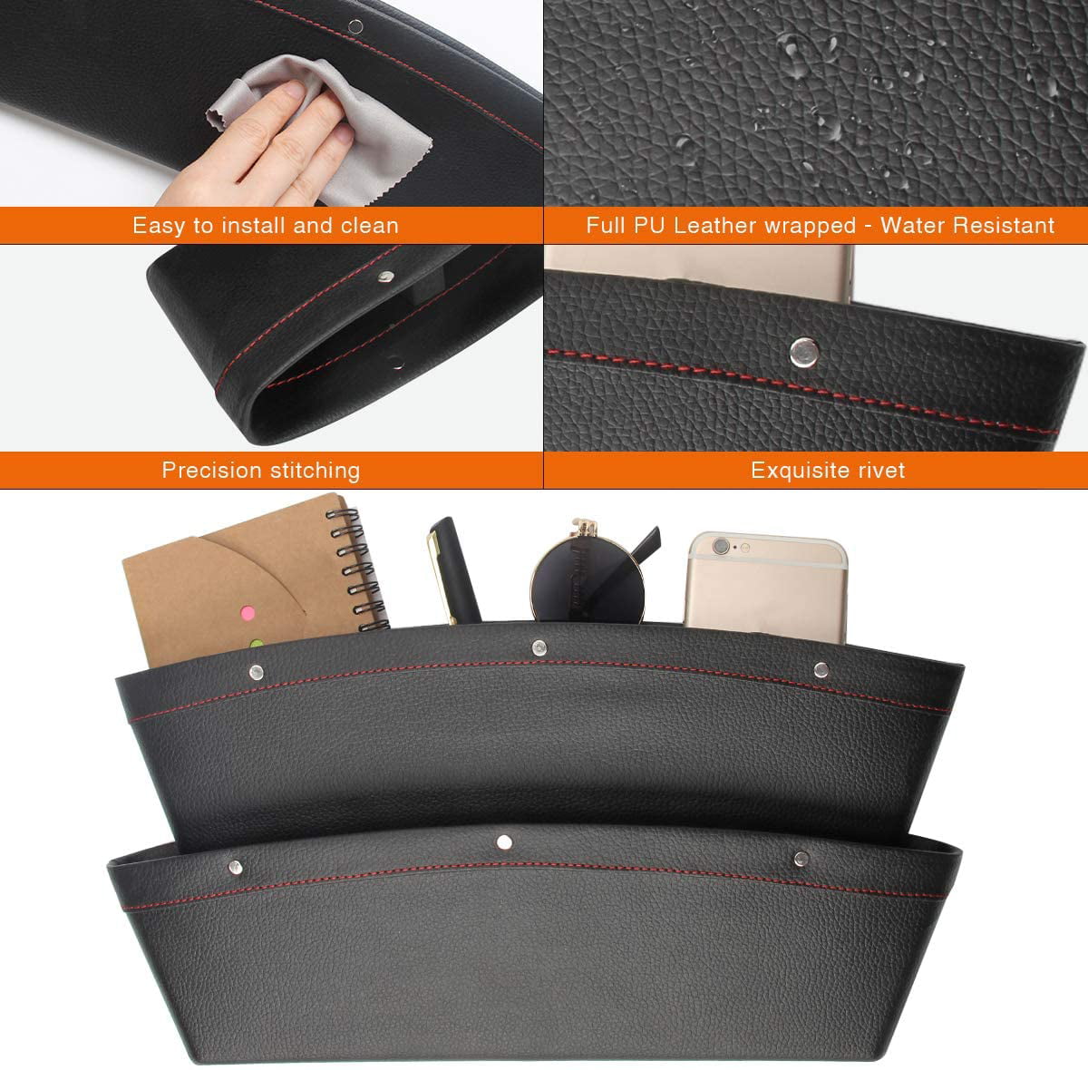 Plutput 2 Pack Car Seat Gap Filler Organizer PU Leather Car Seat Console Pocket Storage Box for Phone, Cards, Keys, Sunglasses