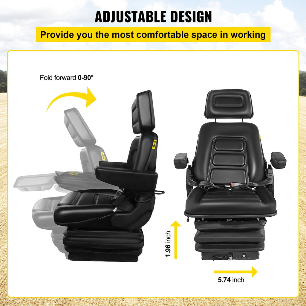 VEVOR Suspension Seat With Safety Switch Adjustable Forklift Seat Replacement Back Fork Lift Seats for Tractor & Forklift Suspension Tractor Seats and Backhoe Seat with Seat Belt