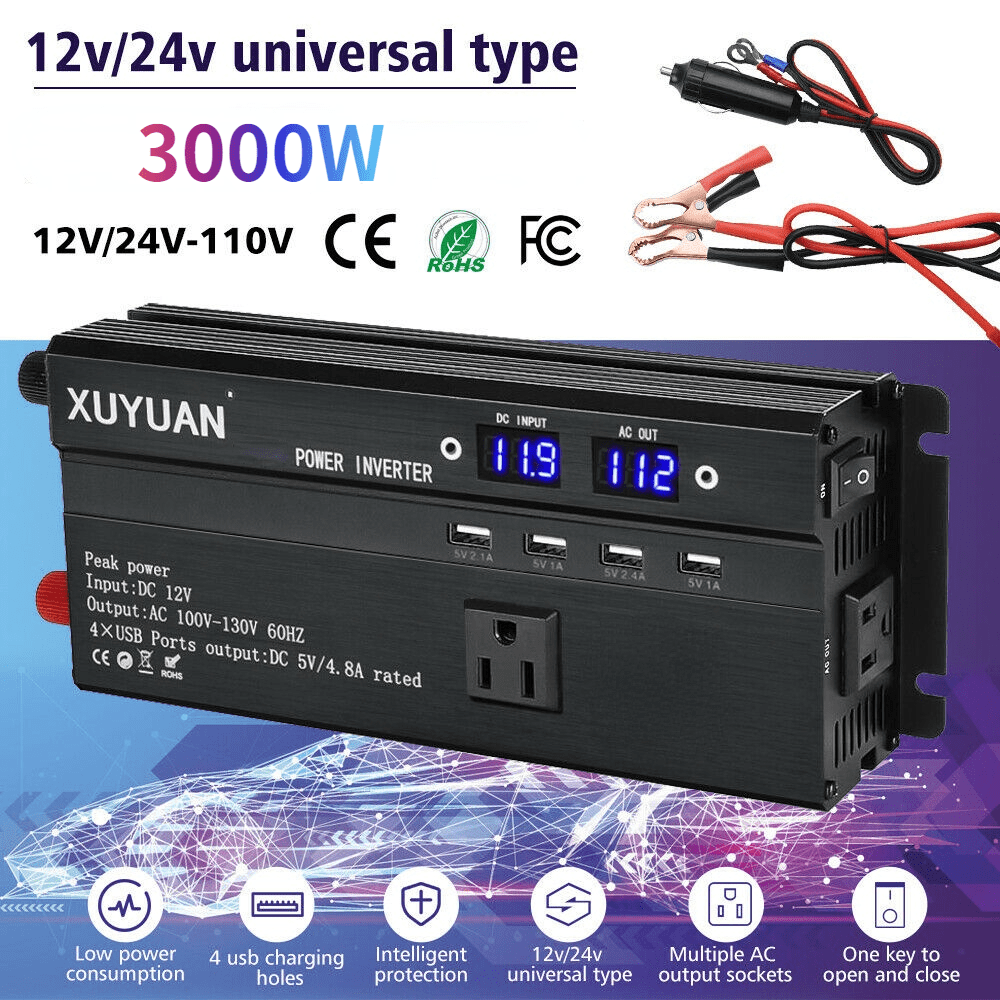 DFITO 3000 Watt Power Inverter DC 12V/24V to 110V AC Car Converter for Car RV Truck Boat Travel Camping