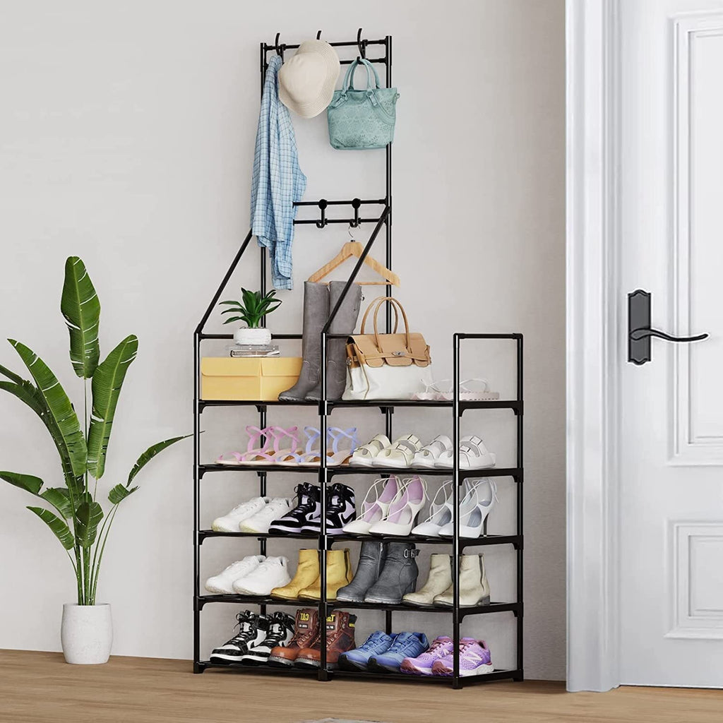 Shoe Organizer, 5-Tier Coat and Shoe Rack, 24-30 Pairs Shoes Boots Organizer for Entryway, Plastic