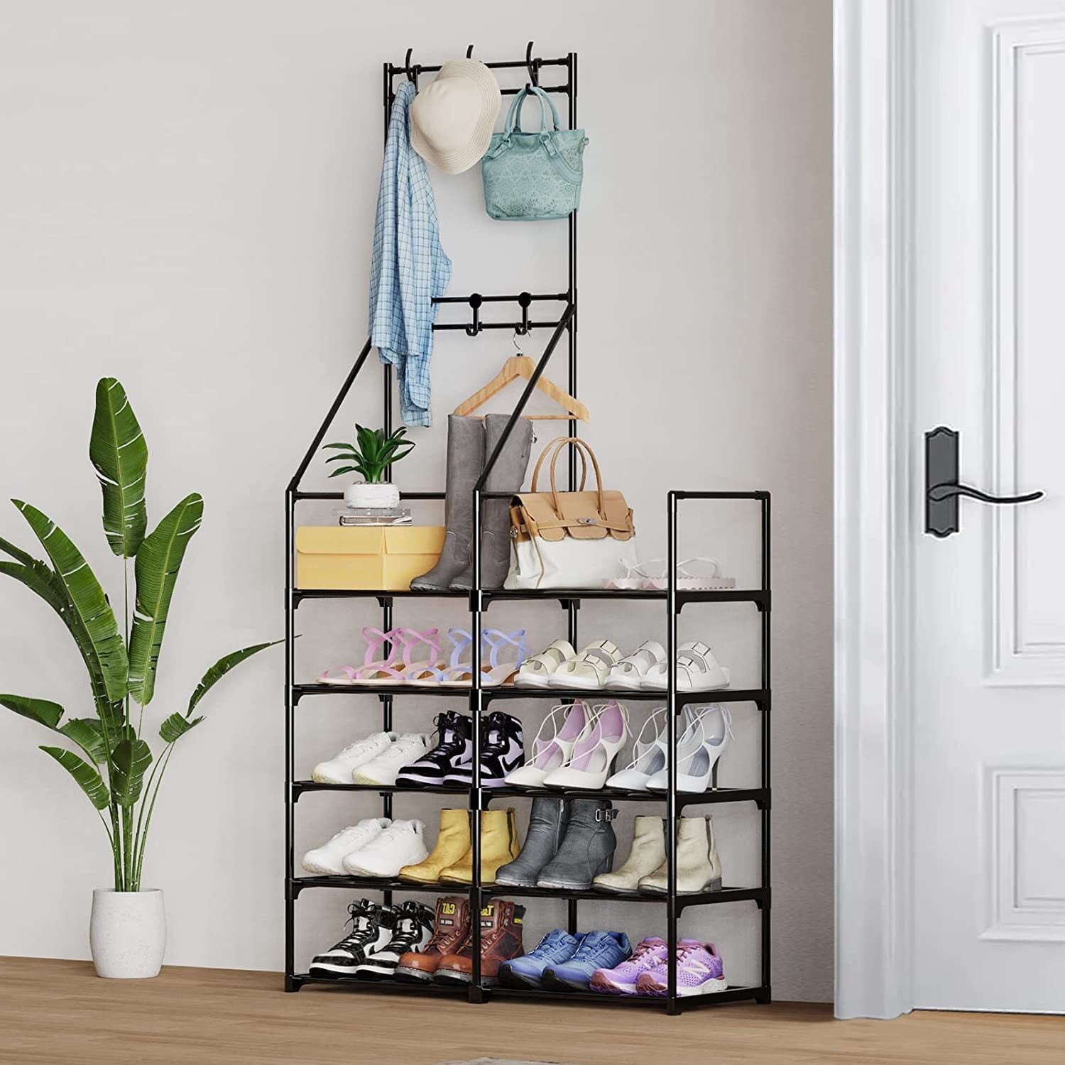 Shoe Organizer, 5-Tier Coat and Shoe Rack, 24-30 Pairs Shoes Boots Organizer for Entryway, Plastic