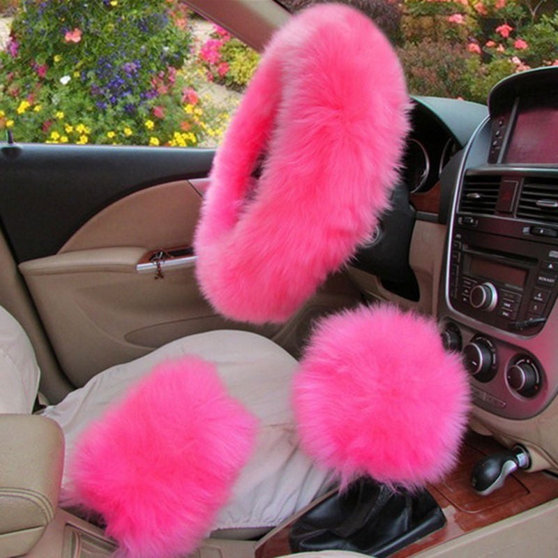 Hot 3Pcs/Set Woolen Winter Soft Warm Fuzzy Steering Wheel Cover Long Plush Handbrake Car Accessory Pink/Saffron Yellow/Black/Wine Red/Beige