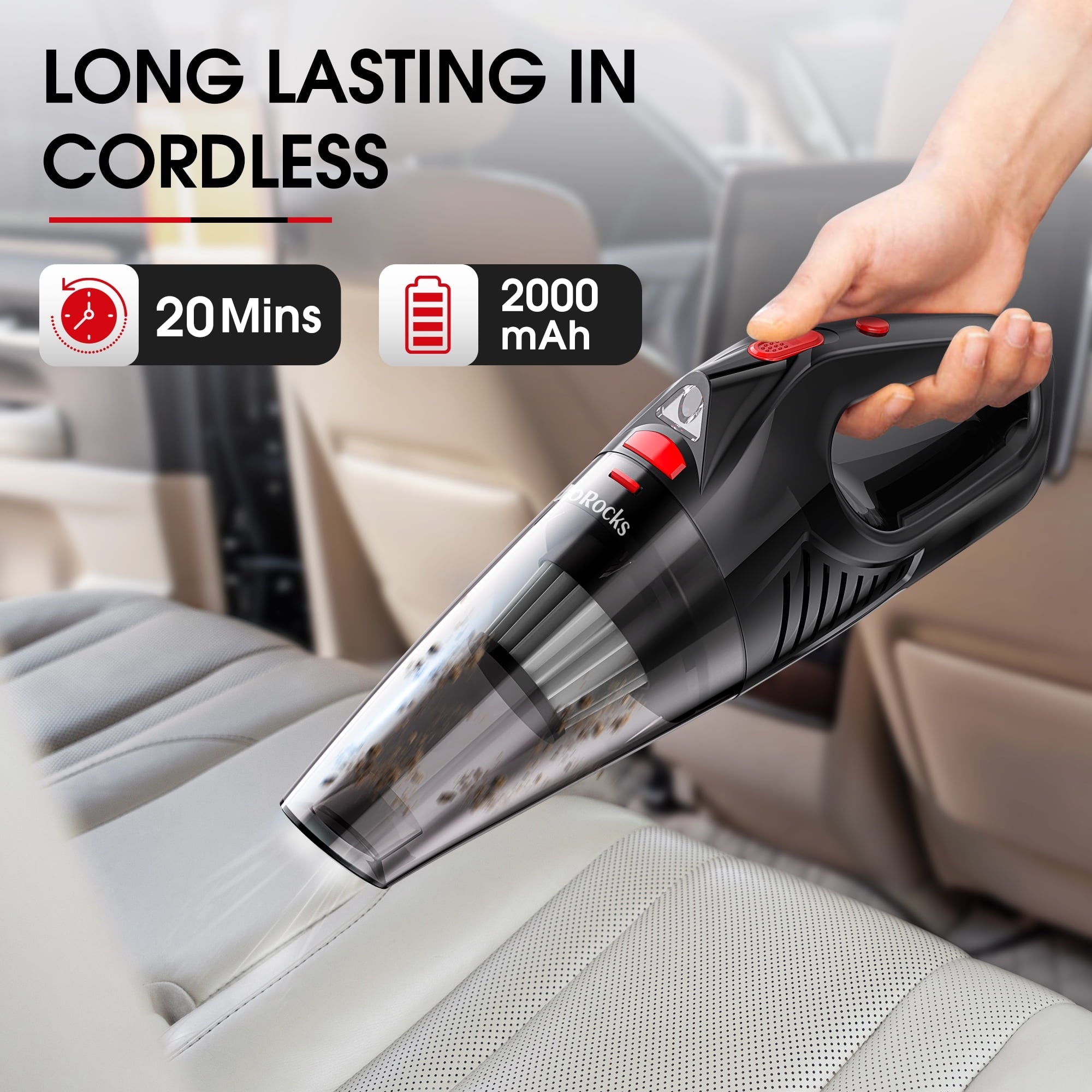 JoRocks Car Vacuum Cleaner Cordless, Portable Cyclone Handheld Vacuum with LED Lights for Home & Car, Black