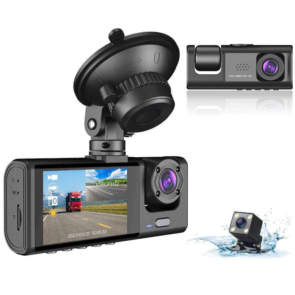 3 Channel Dash Cam Front and Rear Inside with 2" IPS Screen, 1080P Dashcam Three Way Triple Car Camera with IR Night Vision, Loop Recording, G-Sensor, Parking Monitor, 24 Hours Recording