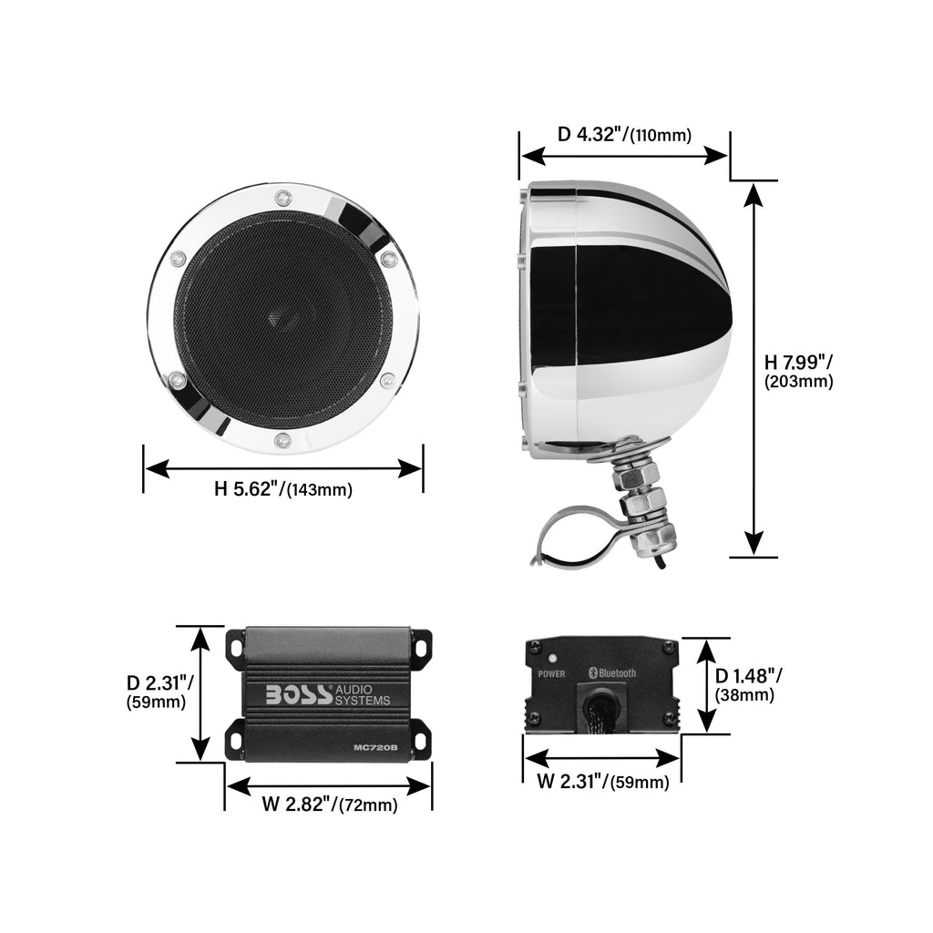 BOSS Audio Systems MC720B 4 inch Motorcycle Speakers and Amplifier Audio Sound System